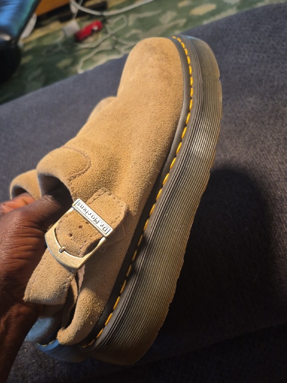 Dr. Martens Tan Suede Slingback Mules with Yellow Stitching - Picture 9 of 15